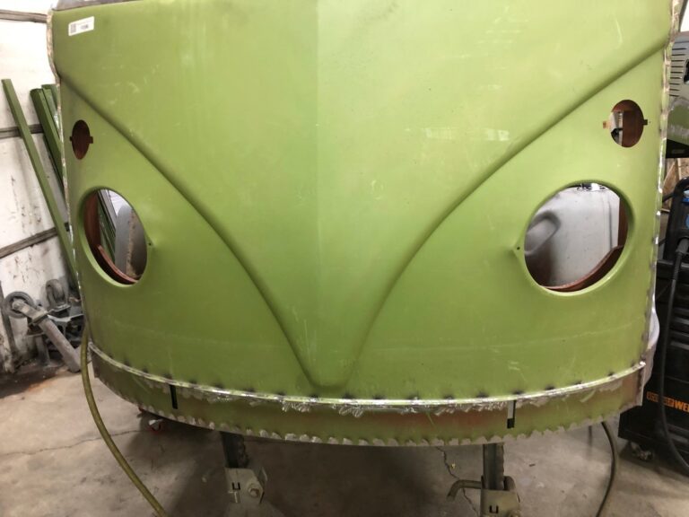 1965 21 window deluxe vw bus roof and fresh air intake repair silver lining auto restoration oregon