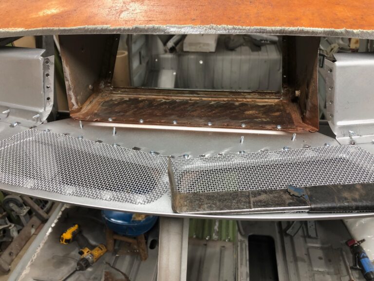 1965 21 window deluxe vw bus roof and fresh air intake repair silver lining auto restoration oregon