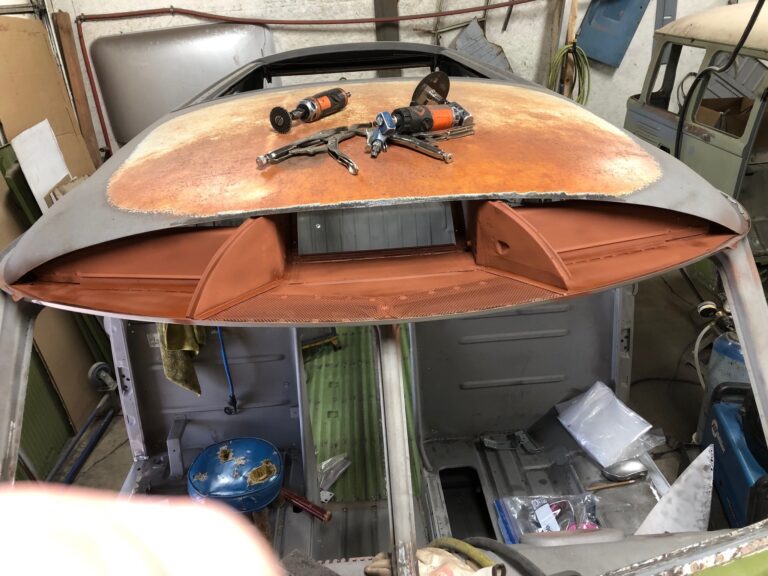 1965 21 window deluxe vw bus roof and fresh air intake repair silver lining auto restoration oregon