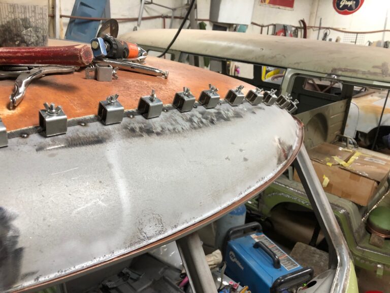 1965 21 window deluxe vw bus roof and fresh air intake repair silver lining auto restoration oregon