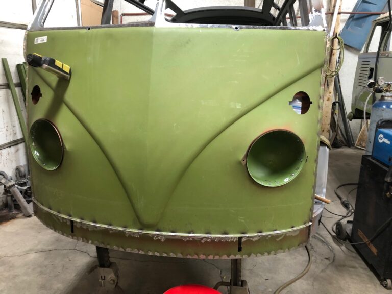 1965 21 window deluxe vw bus roof and fresh air intake repair silver lining auto restoration oregon