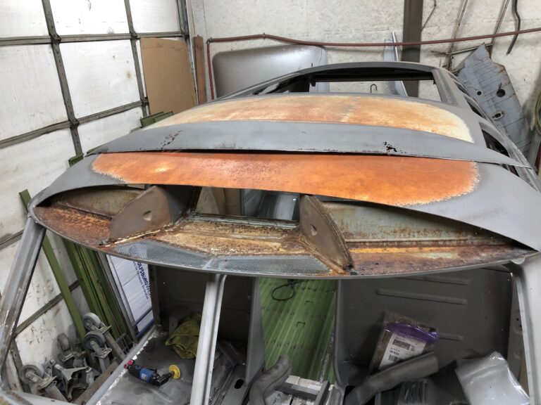 1965 21 window deluxe vw bus roof and fresh air intake repair silver lining auto restoration oregon