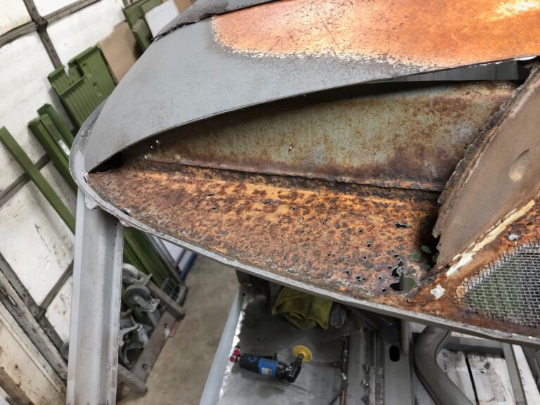 1965 21 window deluxe vw bus roof and fresh air intake repair silver lining auto restoration oregon