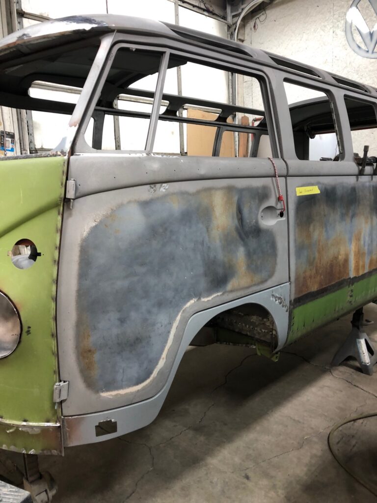 1965 21 window deluxe vw bus front door rust repair silver lining auto restoration oregon
