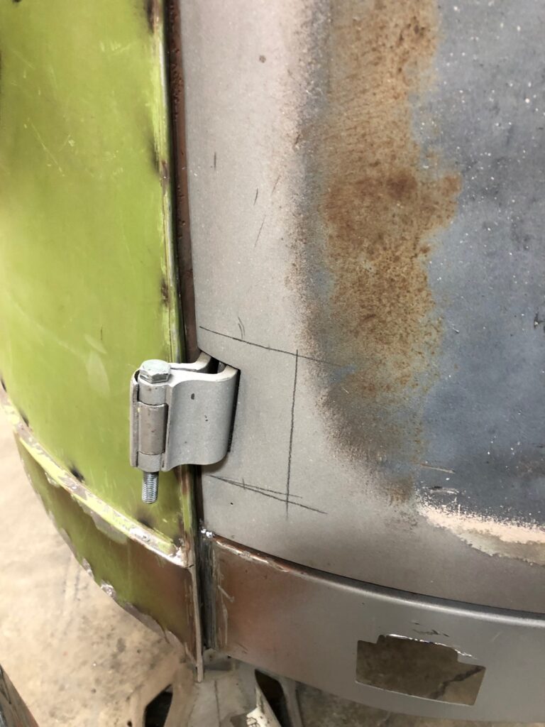 1965 21 window deluxe vw bus front door rust repair silver lining auto restoration oregon