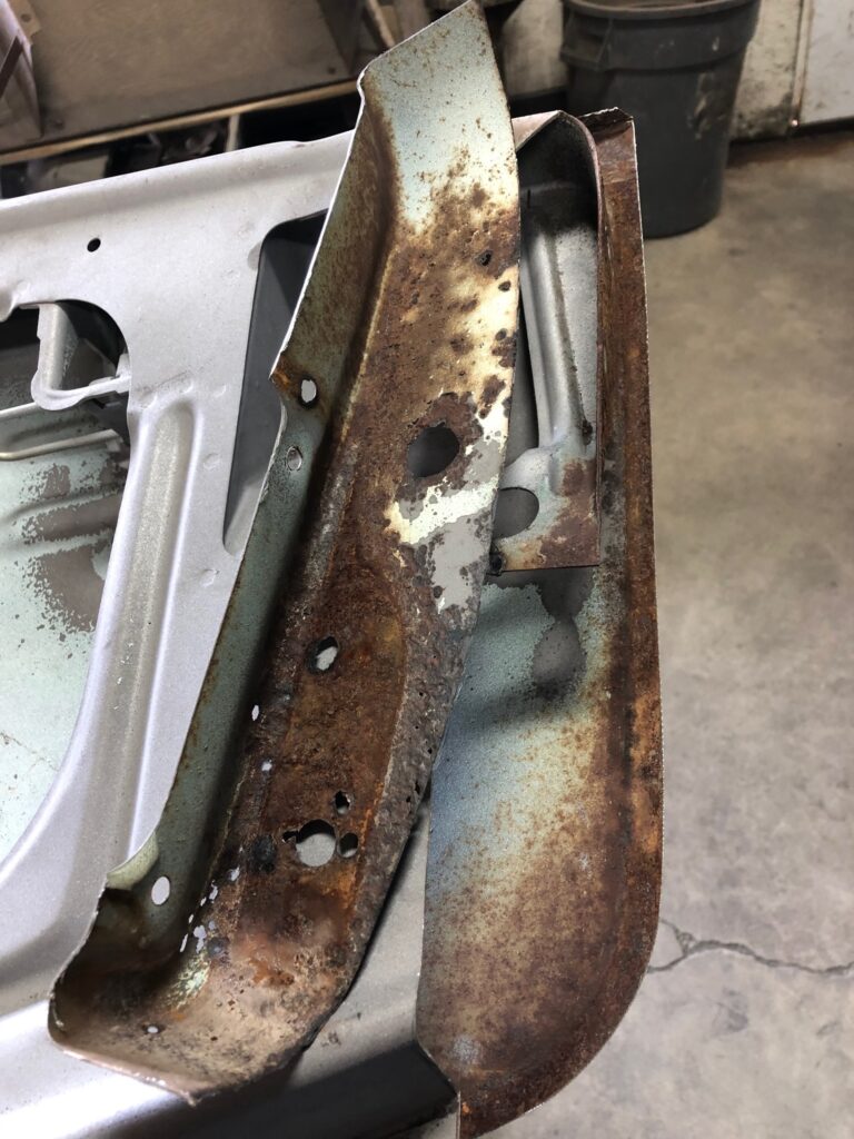 1965 21 window deluxe vw bus front door rust repair silver lining auto restoration oregon