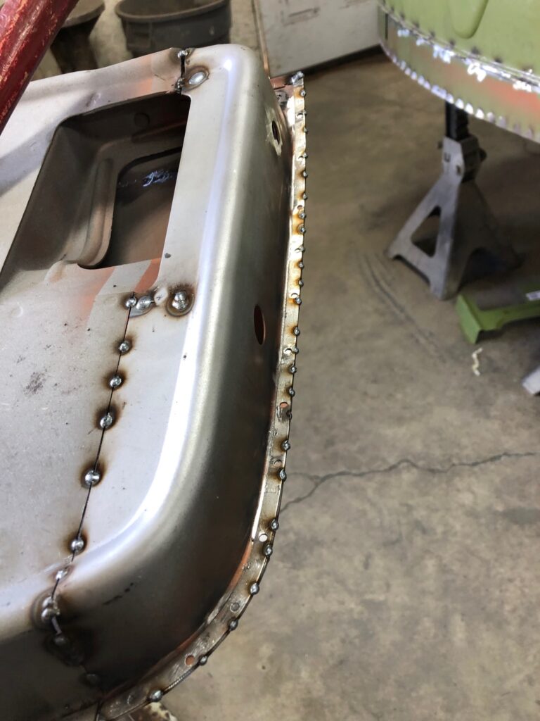 1965 21 window deluxe vw bus front door rust repair silver lining auto restoration oregon