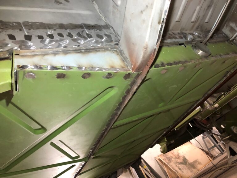 1965 21 window deluxe vw bus main floor and belly pans replacement silver lining auto restoration oregon