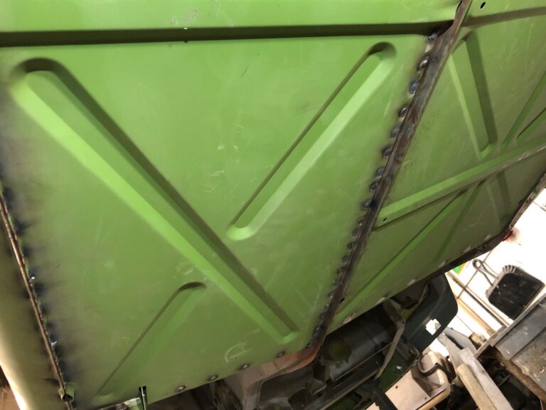 1965 21 window deluxe vw bus main floor and belly pans replacement silver lining auto restoration oregon