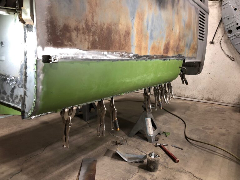 1965 21 window deluxe vw bus main floor and belly pans replacement silver lining auto restoration oregon