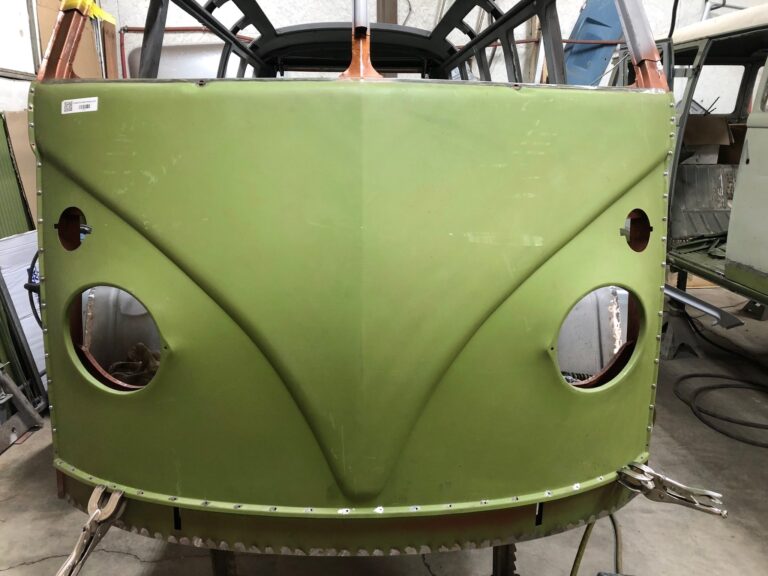 1965 21 window deluxe vw bus nose repair replacement silver lining auto restoration oregon