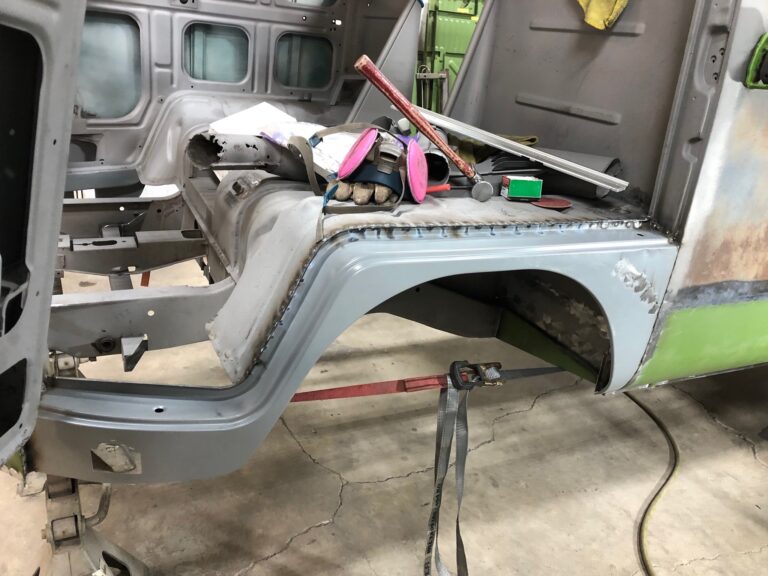 1965 21 window deluxe vw bus nose repair replacement silver lining auto restoration oregon