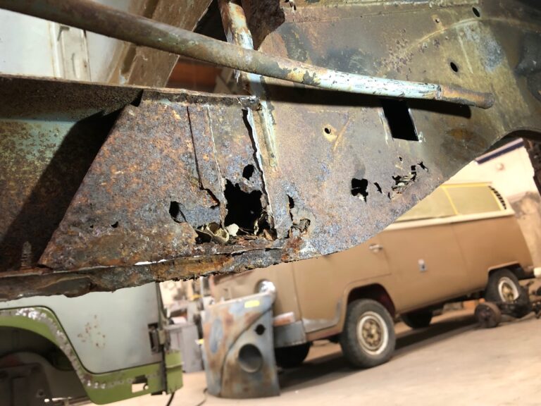 1965 21 window deluxe bus rust repair begins silver lining auto restoration oregon