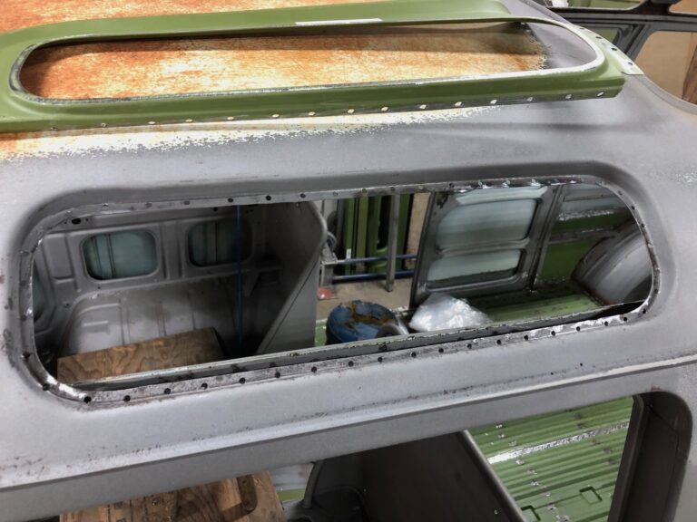 1965 21 window deluxe vw bus skylight window rust repair silver lining auto restoration oregon
