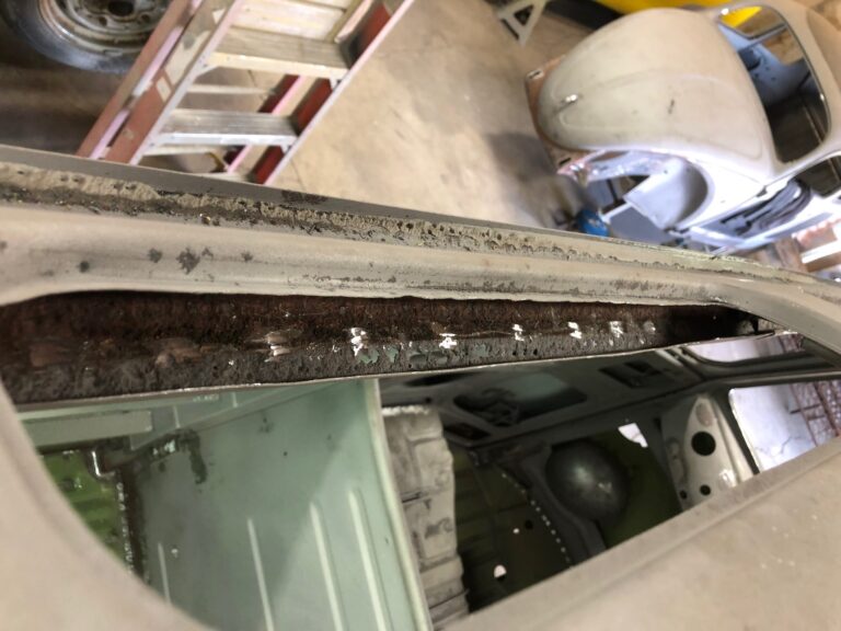 1965 21 window deluxe vw bus skylight window rust repair silver lining auto restoration oregon