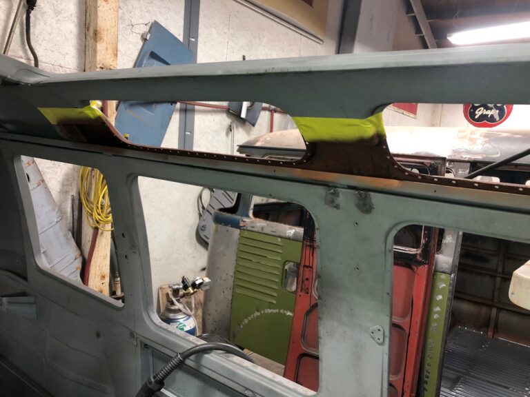 1965 21 window deluxe vw bus skylight window rust repair silver lining auto restoration oregon
