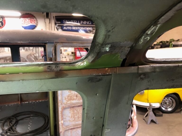 1965 21 window deluxe vw bus skylight window rust repair silver lining auto restoration oregon