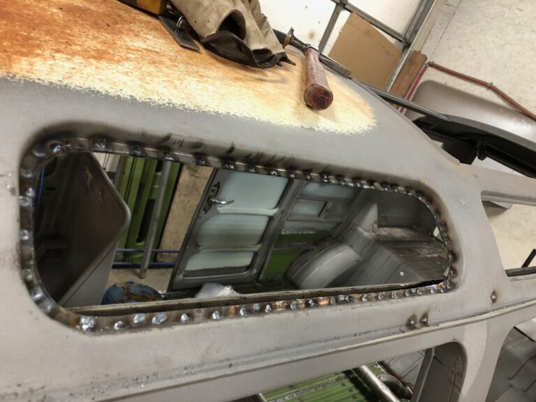 1965 21 window deluxe vw bus skylight window rust repair silver lining auto restoration oregon