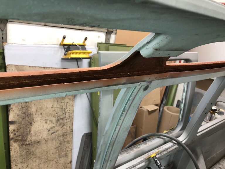 1965 21 window deluxe vw bus skylight window rust repair silver lining auto restoration oregon