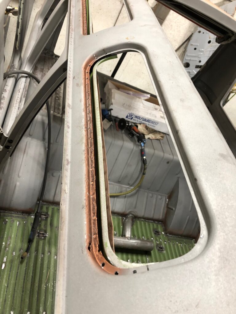 1965 21 window deluxe vw bus skylight window rust repair silver lining auto restoration oregon