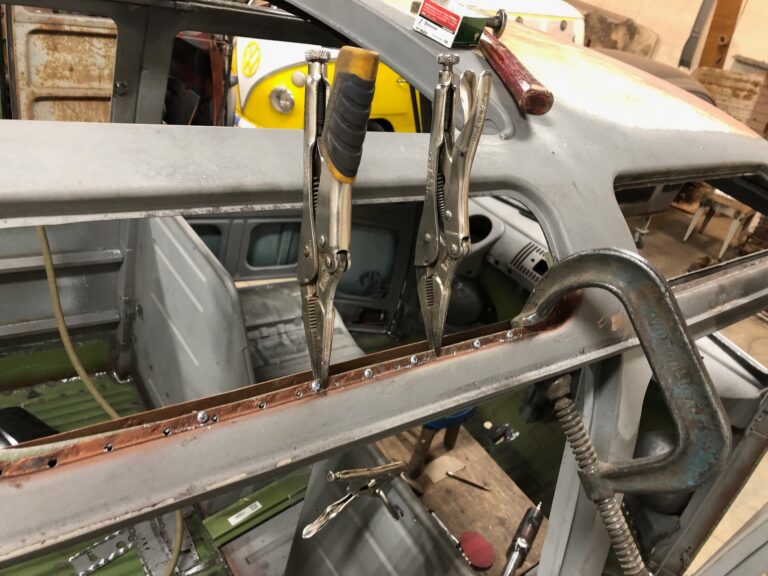 1965 21 window deluxe vw bus skylight window rust repair silver lining auto restoration oregon