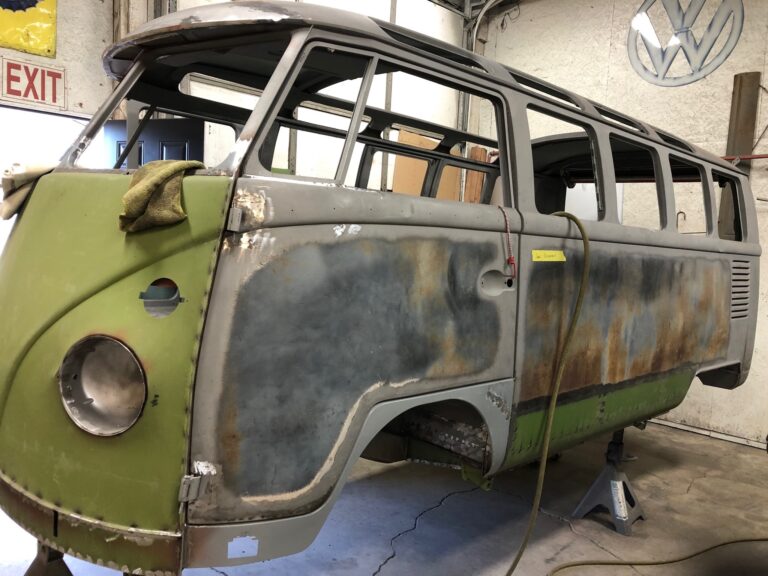 1965 21 window deluxe vw bus wheel well replacement silver lining auto restoration oregon
