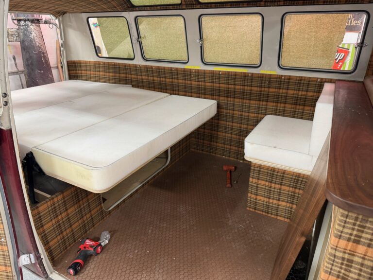 1966 21 window deluxe vw bus camper interior silver lining auto restoration oregon