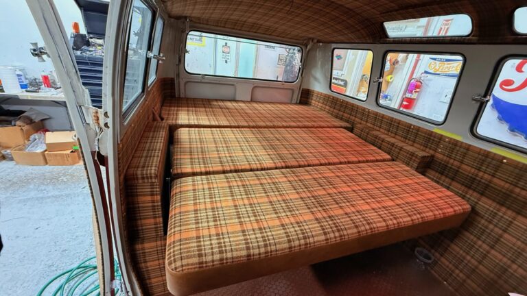 1966 21 window deluxe vw bus camper interior silver lining auto restoration oregon
