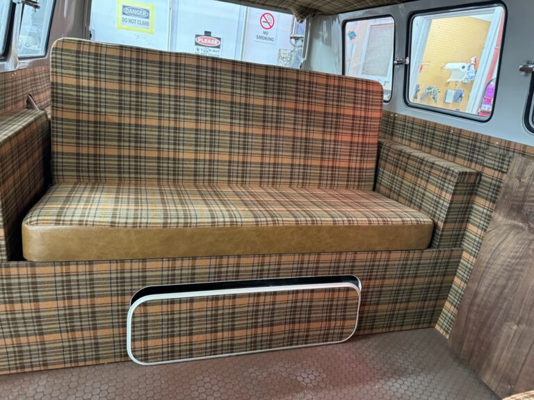 1966 21 window deluxe vw bus camper interior silver lining auto restoration oregon