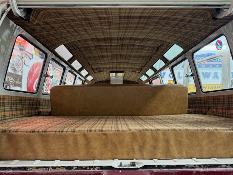 1966 21 window deluxe vw bus camper interior silver lining auto restoration oregon