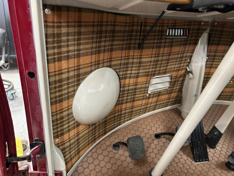 1966 21 window deluxe vw bus camper interior silver lining auto restoration oregon