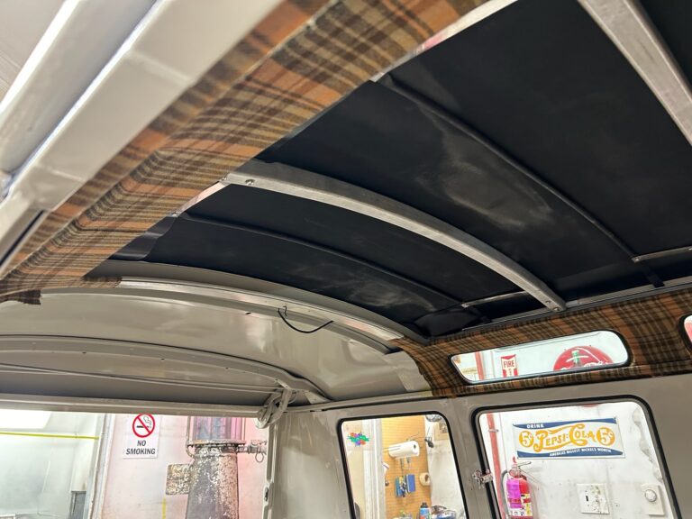 1966 21 window deluxe vw bus camper interior silver lining auto restoration oregon