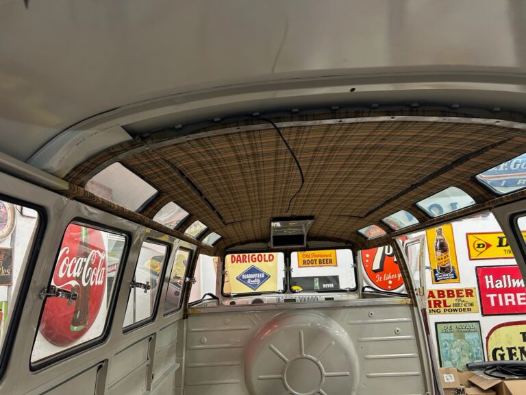 1966 21 window deluxe vw bus camper interior silver lining auto restoration oregon