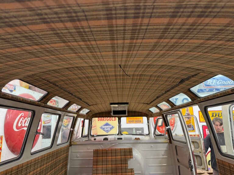 1966 21 window deluxe vw bus camper interior silver lining auto restoration oregon