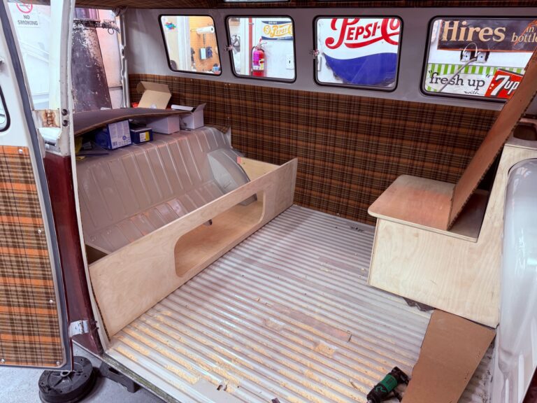 1966 21 window deluxe vw bus camper interior silver lining auto restoration oregon