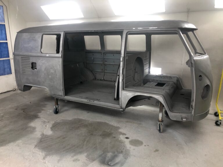 1966 vw microbus body in primer silver lining auto restoration oregon