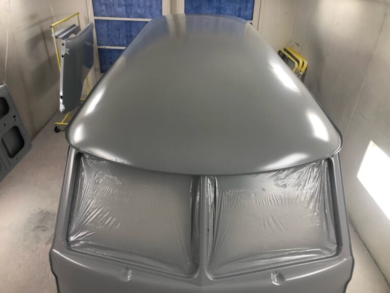 1966 vw microbus body in primer silver lining auto restoration oregon
