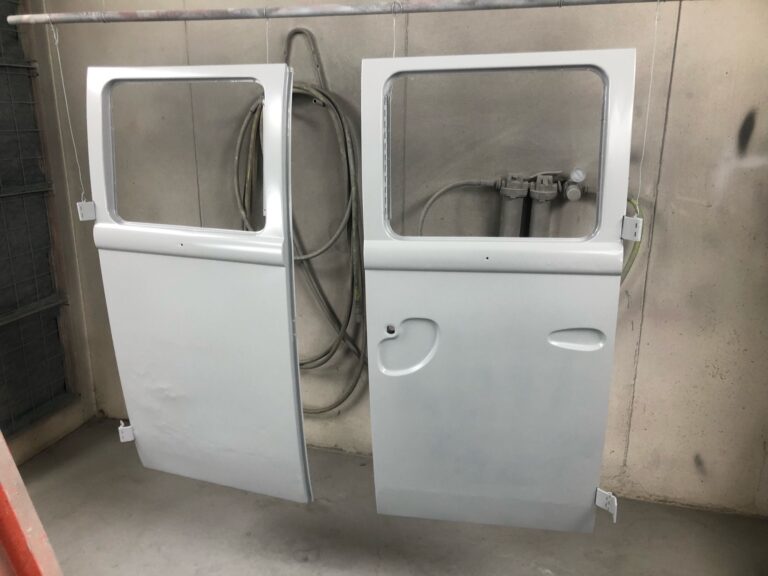 1966 vw microbus body in primer silver lining auto restoration oregon