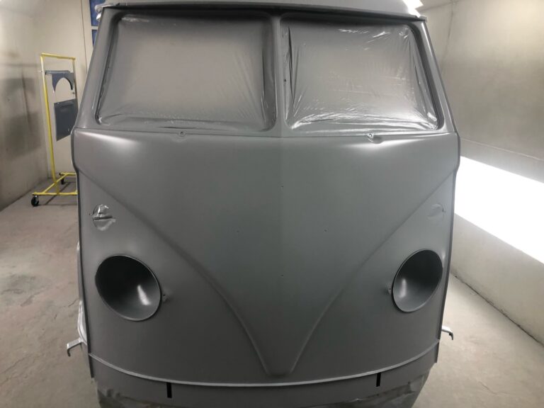 1966 vw microbus body in primer silver lining auto restoration oregon