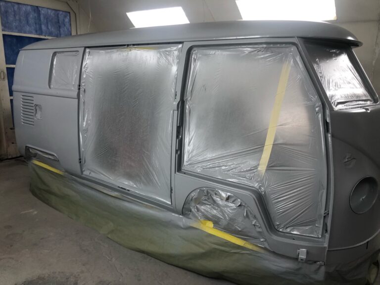 1966 vw microbus body in primer silver lining auto restoration oregon