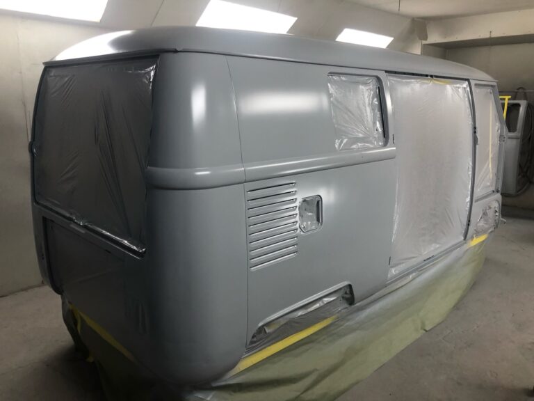 1966 vw microbus body in primer silver lining auto restoration oregon