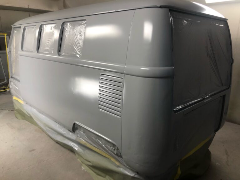 1966 vw microbus body in primer silver lining auto restoration oregon