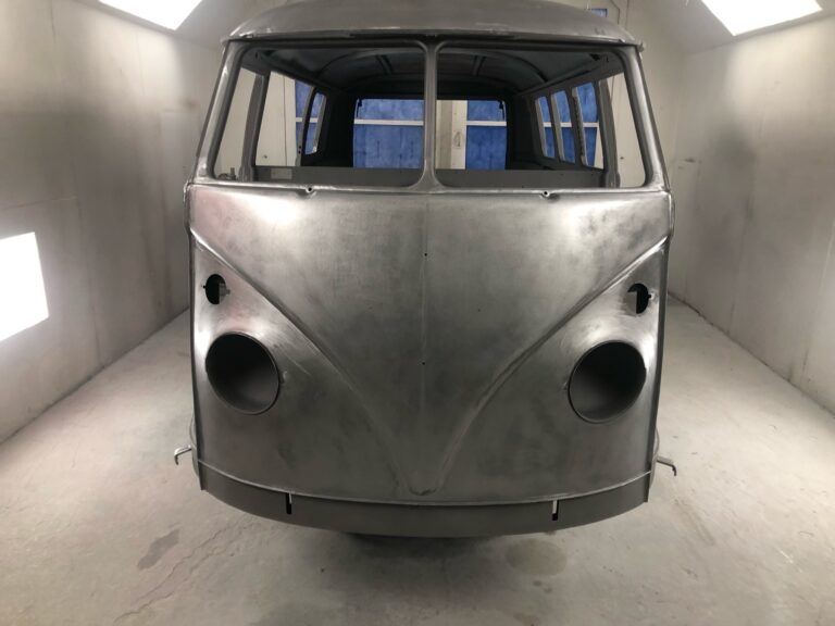 1966 vw microbus body in primer silver lining auto restoration oregon