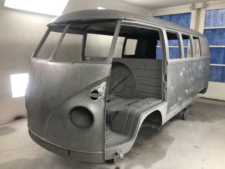 1966 vw microbus body in primer silver lining auto restoration oregon