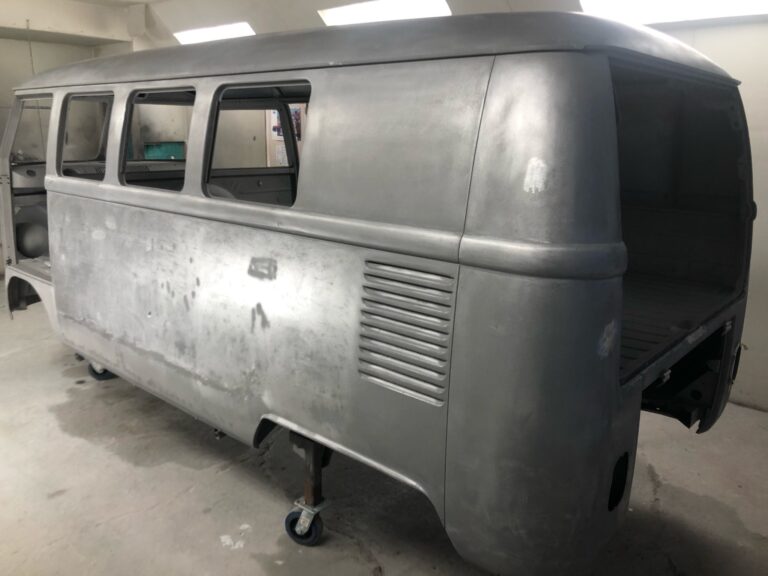 1966 vw microbus body in primer silver lining auto restoration oregon