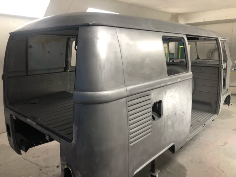 1966 vw microbus body in primer silver lining auto restoration oregon