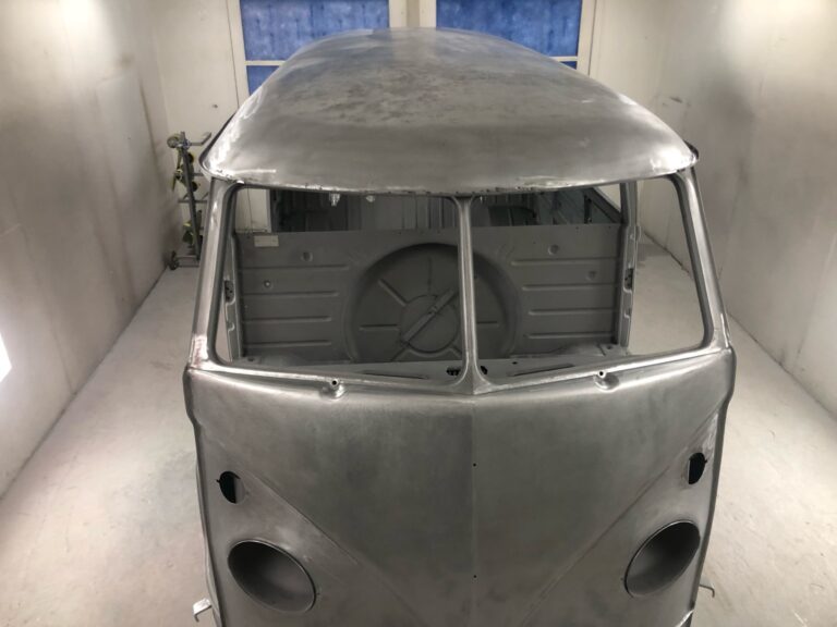 1966 vw microbus body in primer silver lining auto restoration oregon