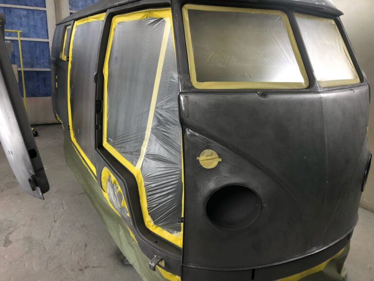 1966 vw microbus body in primer silver lining auto restoration oregon