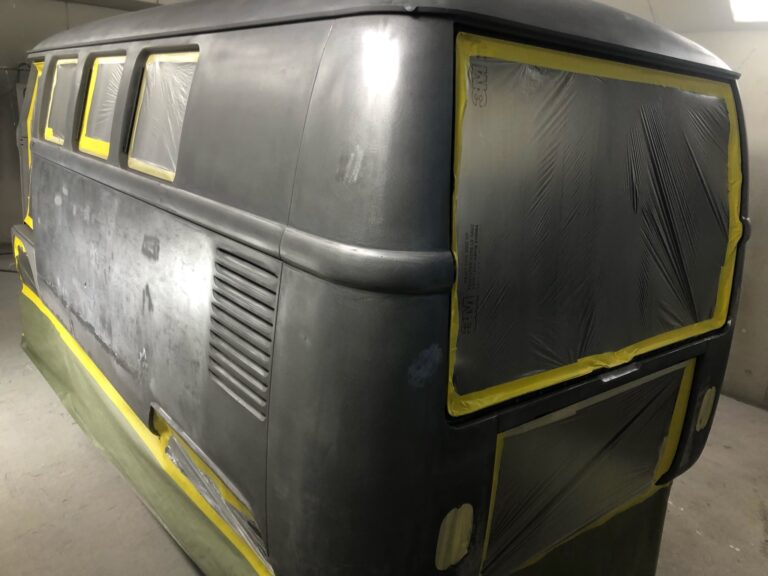 1966 vw microbus body in primer silver lining auto restoration oregon