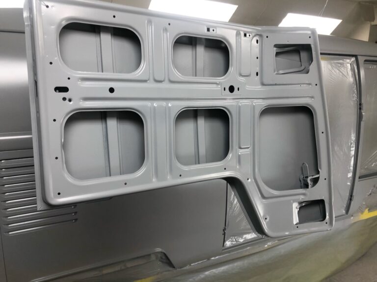 1966 vw microbus body in primer silver lining auto restoration oregon
